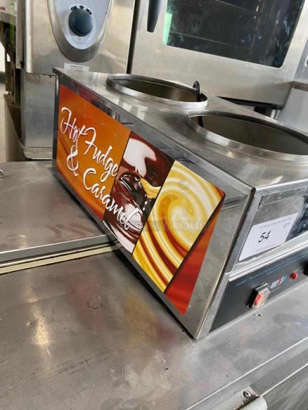 BenchMarkUSA 51096 stainless steel electric food warmer, countertop model, holds dual pots, includes adapter plate, 120V.