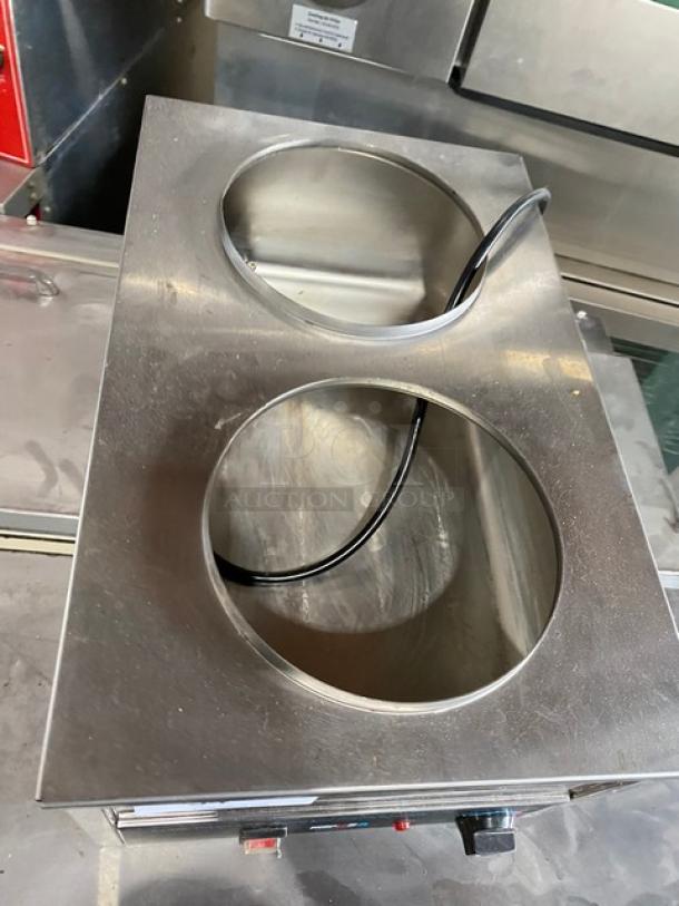 BenchMarkUSA Model 51096 stainless steel countertop warmer, dual openings, includes adapter plate, electric-powered, 120V.