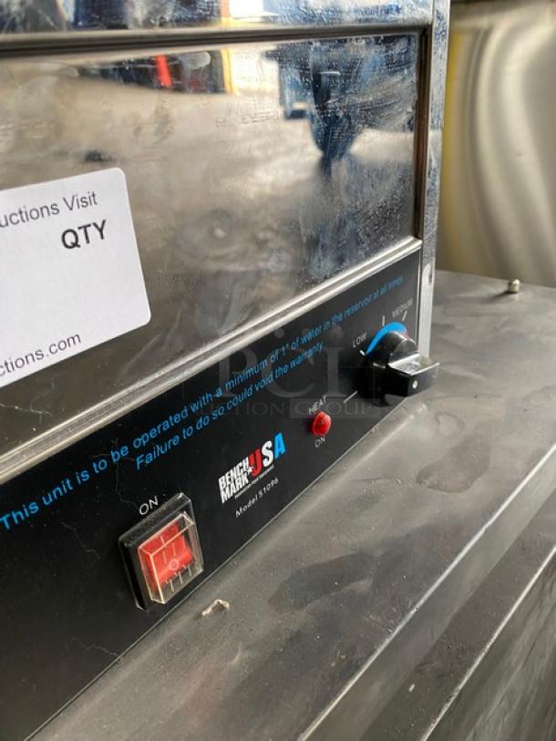 BenchMarkUSA Model 51096 stainless steel countertop food warmer, electric, with adapter plate, visible controls, 120V, good condition.