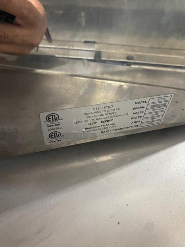 BenchMarkUSA 2020 stainless steel countertop warmer, model 51096. Serial: 510965560001080, 120V. ETL listed label visible.