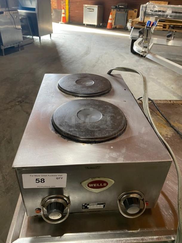 Wells Commercial Stainless Steel 2-Burner Hotplate, Model H70, with individual controls, 208-240V, used condition.
