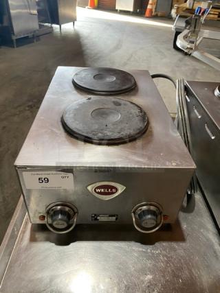 Wells H70 stainless steel electric 2-burner hotplate with individual controls, model SN: H7700717A0006, 208-240V.
