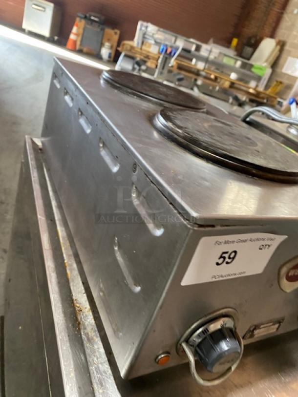 Wells H70 stainless steel electric 2-burner hotplate with individual controls, model H70, 208-240V, serial number H7700717A0006.