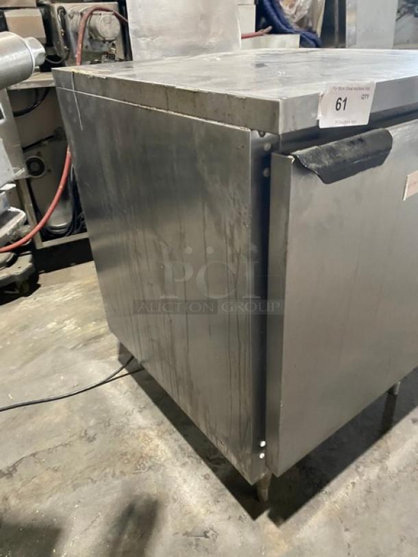 Beverage-Air WTF27A stainless steel single door worktop freezer, 27" with poly-coated wire rack, on legs, 115V, 1 phase.