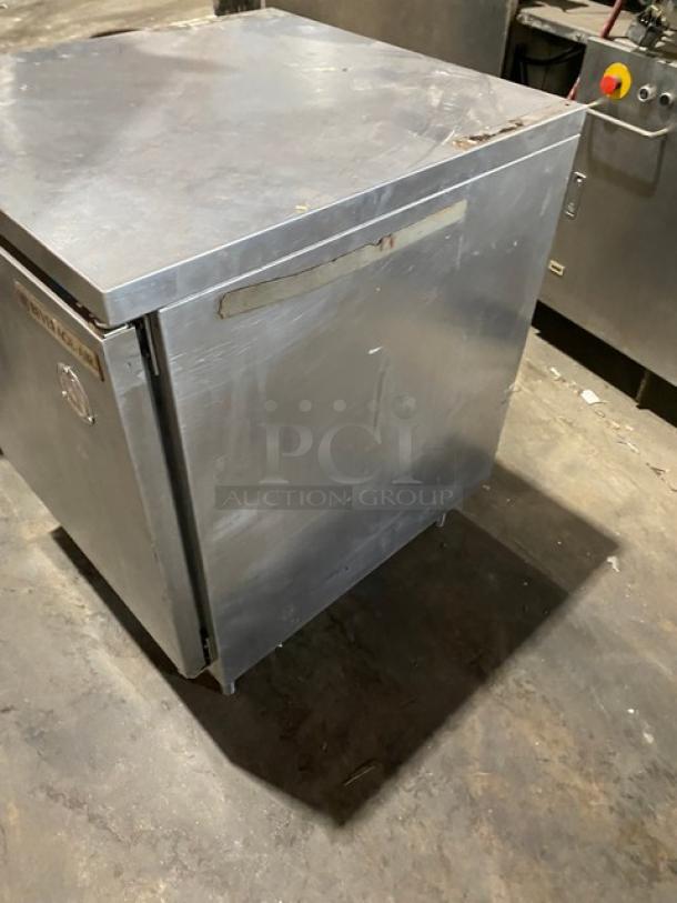 Beverage-Air WTF27A stainless steel single door worktop freezer with poly coated wire rack, on legs, used condition.