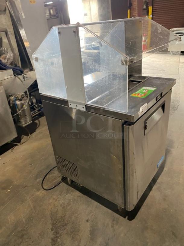 Turbo Air M3 Series stainless steel single door prep table, model MST28711S, with sneeze guard and wire rack, 115V.