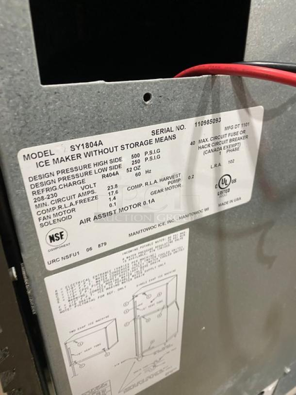 Manitowoc SY1804A ice machine, stainless steel, air-cooled, electric, 208-230V, 1-phase, serial 110985093, label visible.