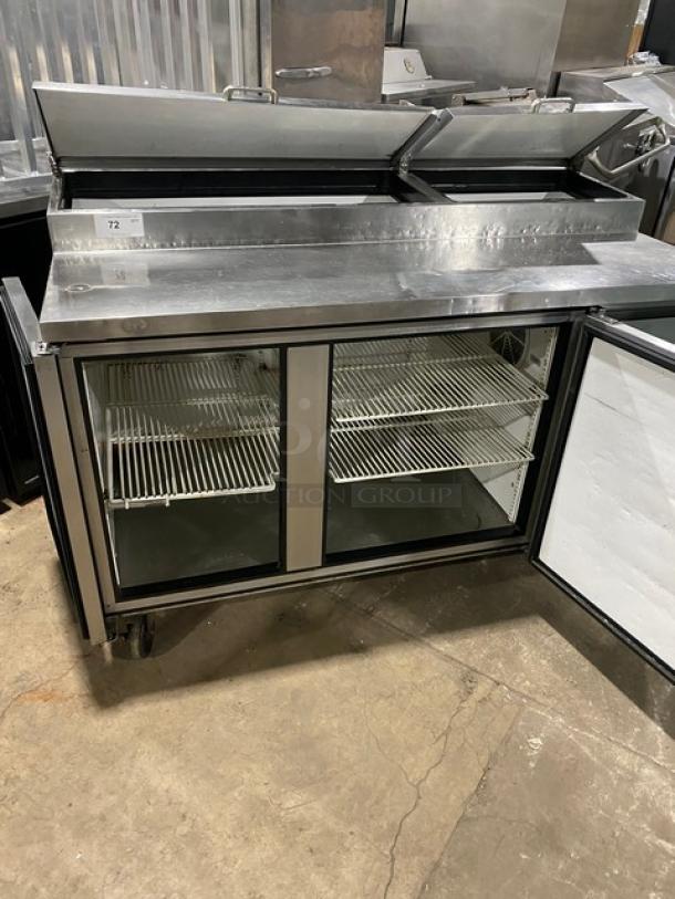 True TPP-60 refrigerated pizza prep table, stainless steel, 2 doors, poly-coated racks, on casters, 115V, SN: 5343341.