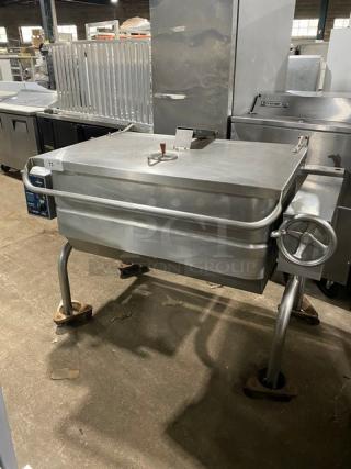 Groen Commercial Stainless Steel Natural Gas Tilt Skillet, Model HFP2E4, on legs, visible control wheel, used condition.