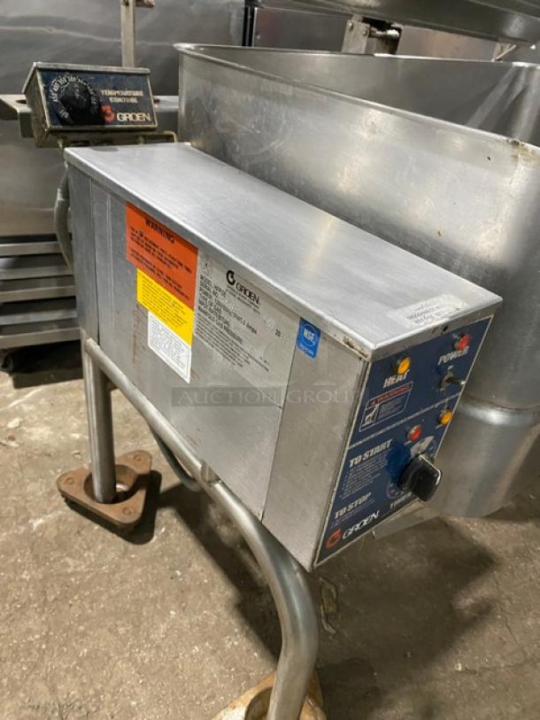 Groen HFP/2E-4 stainless steel tilt skillet, natural gas, on legs, used, with control panel and warning labels visible.