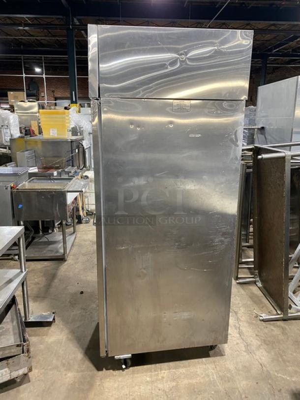 Norlake commercial stainless steel single door reach-in freezer on casters, model NF241SSS0, includes poly coated wire rack.