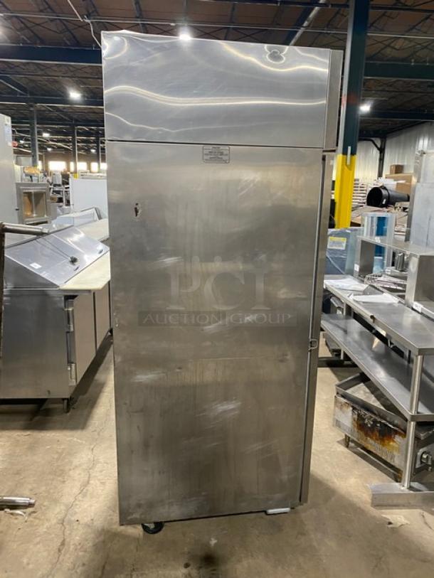 Norlake stainless steel single door reach-in freezer, Model NF241SSS0, on casters, with poly-coated wired rack, 115V, 1 phase.