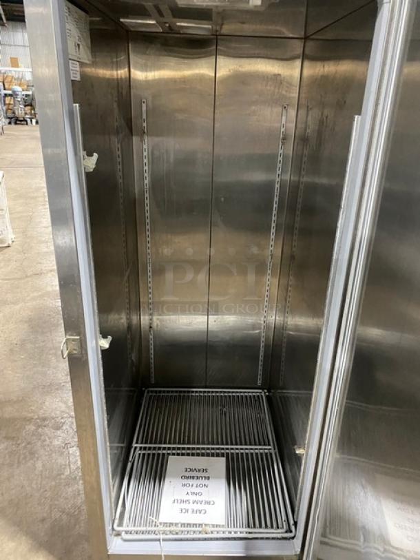 Norlake commercial stainless steel single door reach-in freezer, model NF241SSS0, poly-coated rack, on casters, 115V 1 phase.
