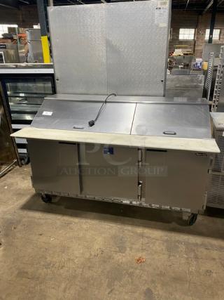 Beverage-Air Commercial Stainless Steel 3 Door Refrigerated Bain Marie Style Mega Top Salad/Sandwich Prep Table! With Cutting Board! With Poly Coated Wired Rack! Model: SP72-30M! 115V 1 Phase! On Casters! - Item #1207519