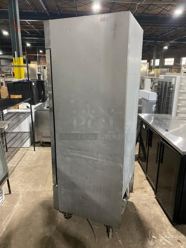 Beverage-Air stainless steel single door refrigerator, model KR24-1AS, on casters, with poly coated rack, 115V, 1 phase.