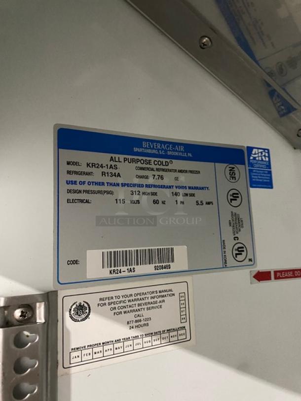 Beverage-Air KR24-1AS label details, showing model, refrigerant type R134A, electrical specs 115V, SN: 9208469.