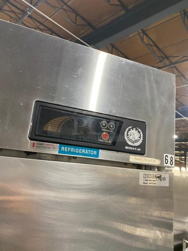 Beverage-Air KR24-1AS stainless steel commercial refrigerator, single door, on casters, with poly-coated wired rack, model 9208469.