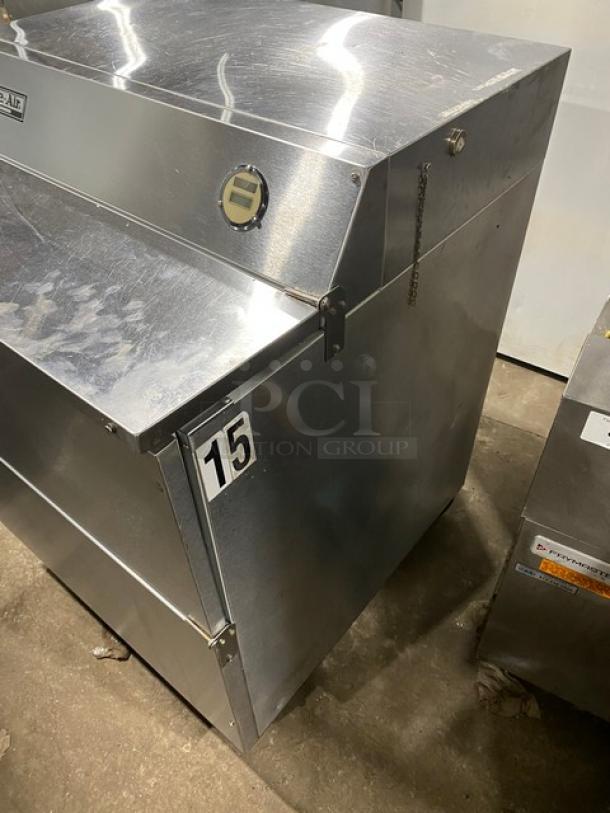 Beverage-Air SMF34 stainless steel milk cooler, electric-powered, single-access, on casters, 115V, model SN: 6808963.