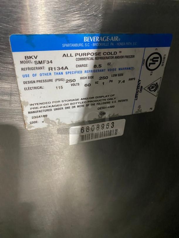 Beverage-Air SMF34 stainless steel milk cooler, electric, single-access, on casters, SN: 6808963, 115V, 1 Phase.