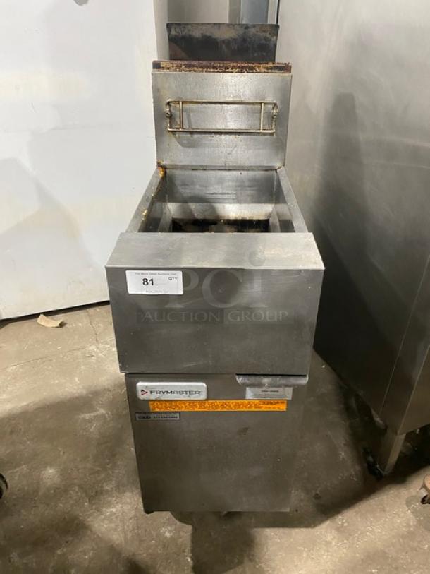 Frymaster GF40SC commercial deep fat fryer, stainless steel, natural gas, with backsplash, basket hanger, on casters, SN: 1806F00008.
