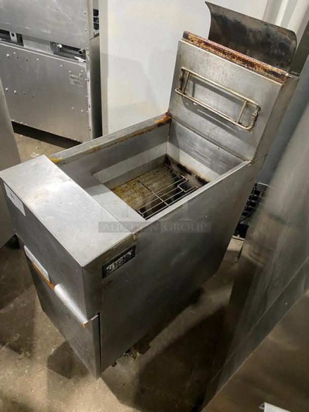 Frymaster GF40SC commercial stainless steel natural gas fryer, with backsplash and basket hanger, on casters. Slightly worn.