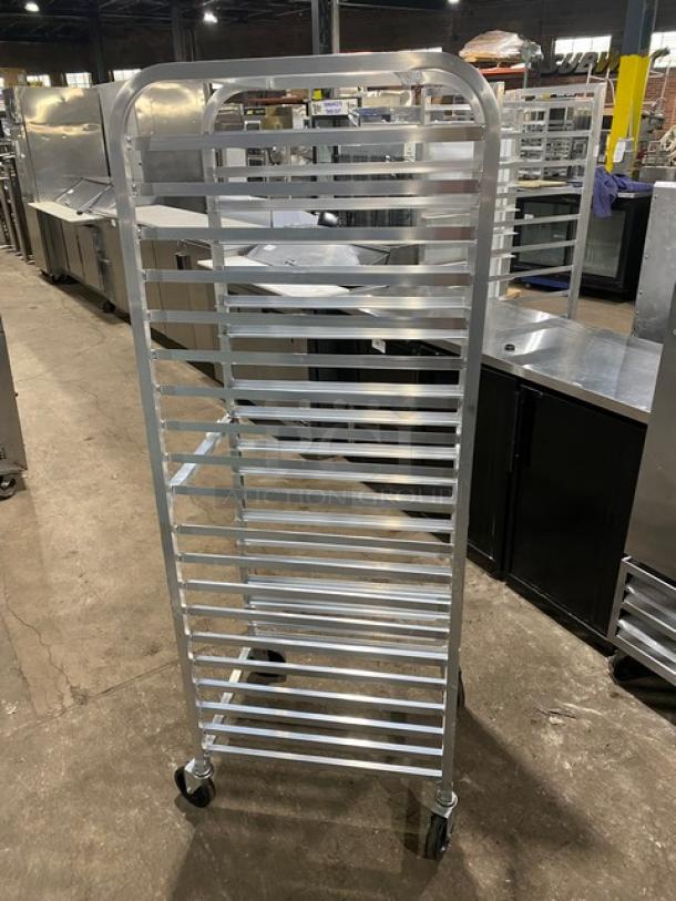 Channel 401AC aluminum 20-pan end load sheet pan rack on casters, commercial-grade, in good condition.