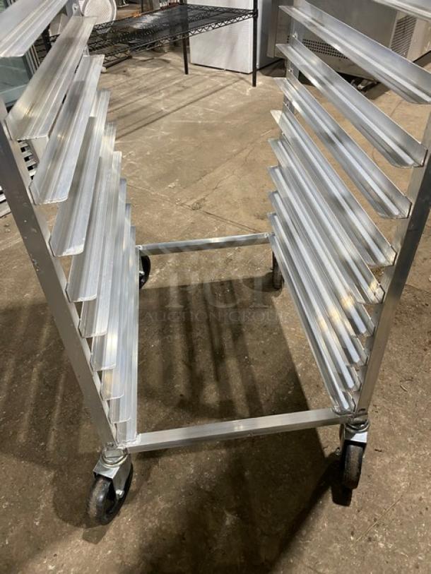 Channel 401AC aluminum 20-pan end load sheet pan rack on casters, excellent condition, designed for commercial use.
