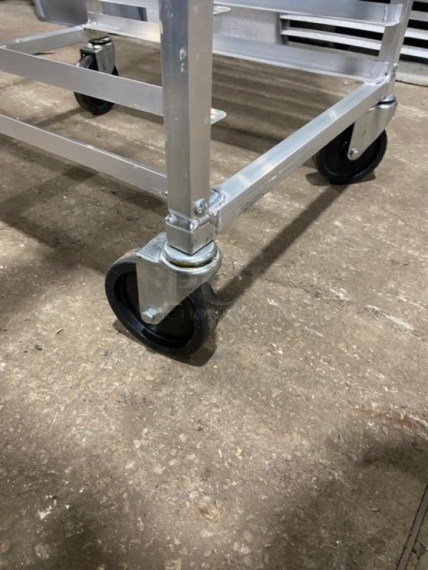 Channel 401AC aluminum pan rack, 20-end load, on casters. Durable construction, ideal for commercial kitchen use.