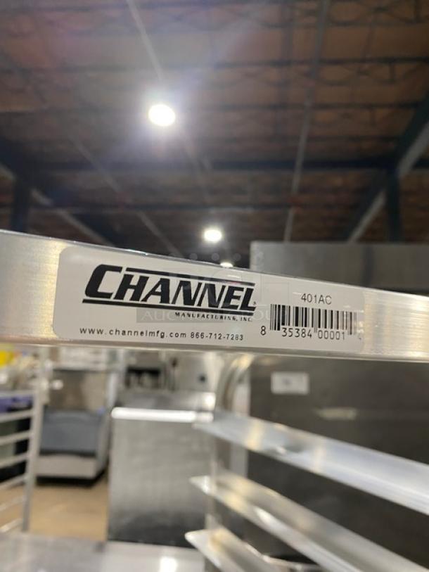 Channel 401AC aluminum 20-pan end load rack on casters; visible label with brand, model, and barcode.