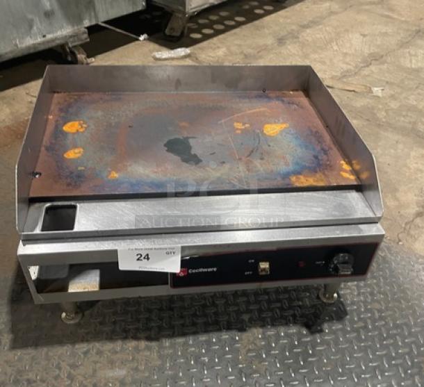 Cecilware EL1624 commercial stainless steel electric griddle with thermostatic control, back and side splash, on legs.