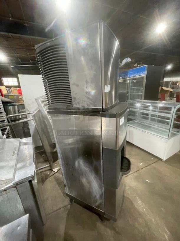 Manitowoc stainless steel ice maker model SD0423W/QPA160, water-cooled, electric, on legs, in used condition.