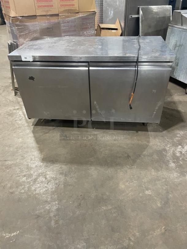 Avantco stainless steel 2-door undercounter 60" worktop refrigerator, Model 178SSUC60RHC, on casters, 115V, used condition.