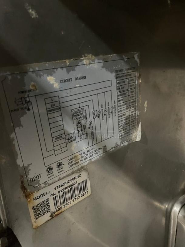 Avantco 2 Door Stainless Steel Undercounter Worktop Refrigerator, Model 178SSUC60RHC, S/N: 6605250617120512, Circuit Diagram Visible.
