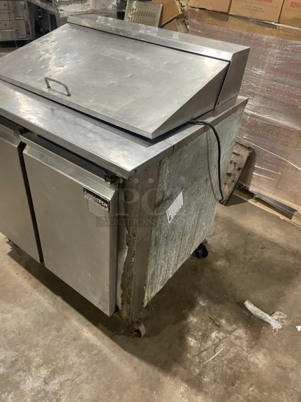 Cool-Tech 36" Bain Marie style stainless steel refrigerated prep table, Model Custom36BMB, on casters, shows wear.