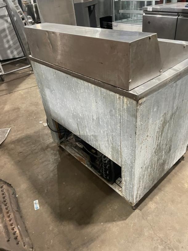 Cool-Tech Custom36BMB stainless steel 2-door refrigerated prep table, 36" Bain Marie style, on casters, showing wear.