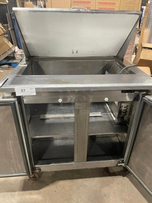 Cool-Tech stainless steel 2-door refrigerated 36" prep table, model Custom36BMB, on casters, bain marie style, open lid.