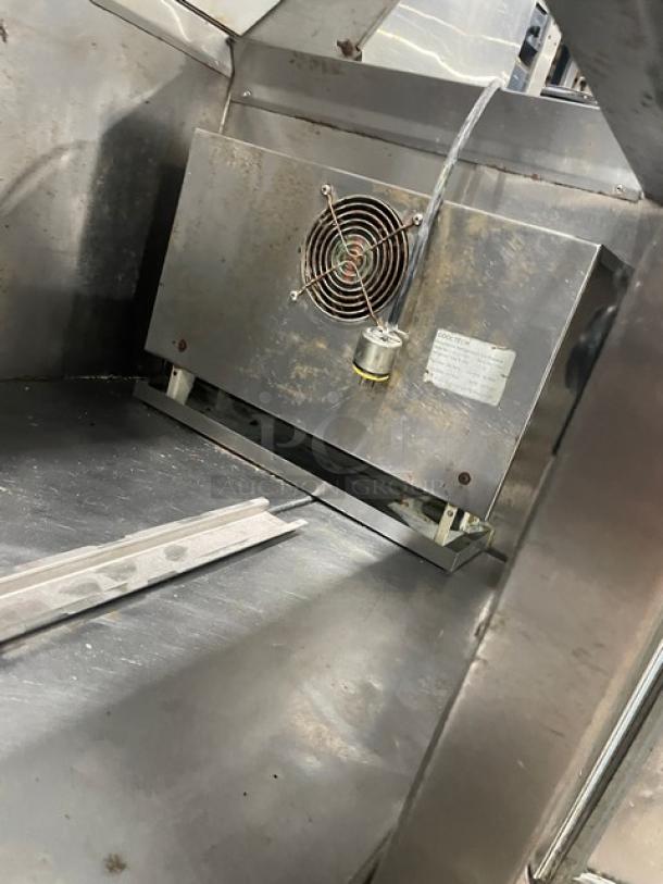 Cool-Tech Commercial Stainless Steel 2 Door Refrigerated Bain Marie Prep Table, Model Custom36BMB, SN 116207, on casters.