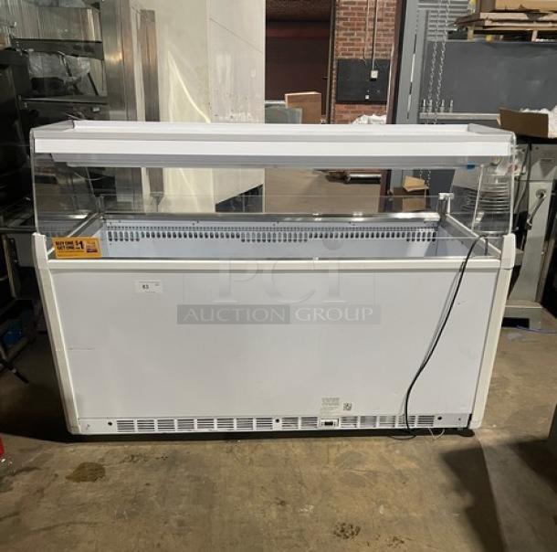 Vendo NIC183S02 ice cream merchandiser, open-air style, white, with sneeze guard, LED lighting, 220V, single shelf, SN: 000149903.