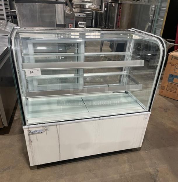 Avantco Commercial 48" Curved Glass Refrigerated Bakery Display Case, Model 193BC48HCW, with adjustable shelving and sliding doors.