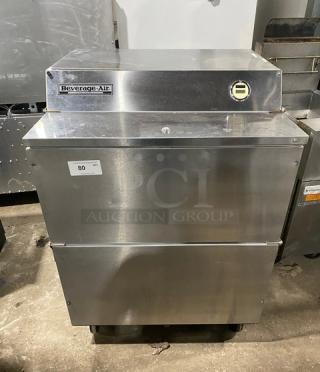 Beverage-Air SS single-access milk cooler, model SMF34; 115V, on casters. Features logo, temp gauge, and serial tag.