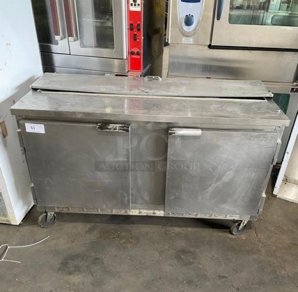 Beverage-Air SP60-16 commercial 2-door refrigerated prep table, stainless steel, 115V, on casters, used condition.
