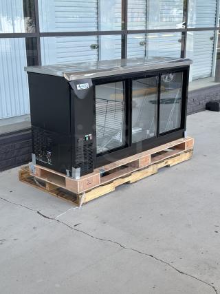 Avantco UBB-72S-HC 73" black bar refrigerator; sliding glass doors, LED lighting; front top edge crushed, door misaligned.