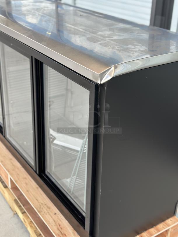 Avantco UBB-72S-HC 73" back bar refrigerator with sliding glass door, LED lighting, slight front top edge damage.