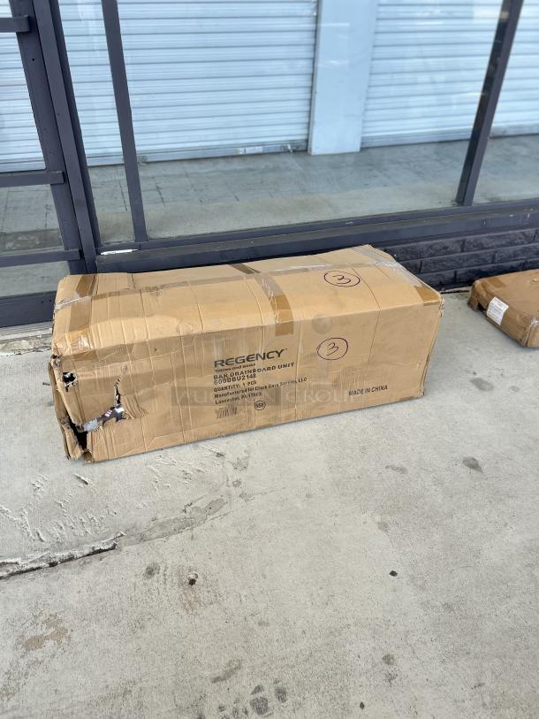 Regency underbar drainboard, model 600DBU2148, 48" x 21". New with scratches and dents, damaged packaging visible.