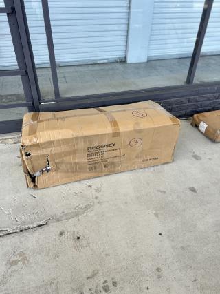 Regency underbar drainboard, model 600DBU2148, 48" x 21". New with scratches and dents, damaged packaging visible.