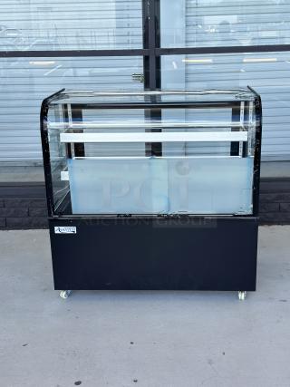 Avantco BCD-48 black bakery display case, 48" wide, curved glass, visible scratches, and dents. Serial: 1684904180038.