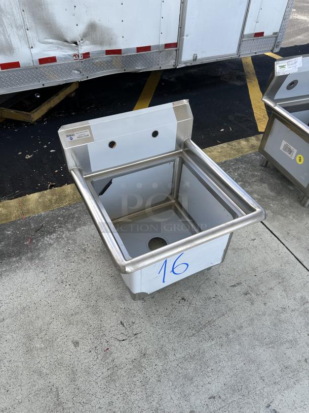 Steelton Stainless Steel Commercial Sink, model 522CS11818N, brand new with dents. Visible auction number "16."