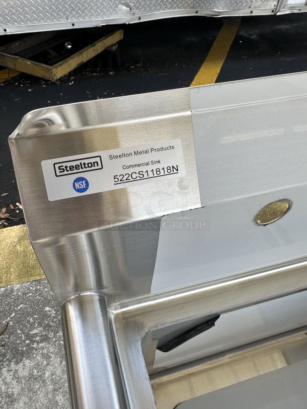 Steelton Stainless Steel Commercial Sink, Model 522CS11818N. Brand new with visible scratch and dent on edge. NSF certified.