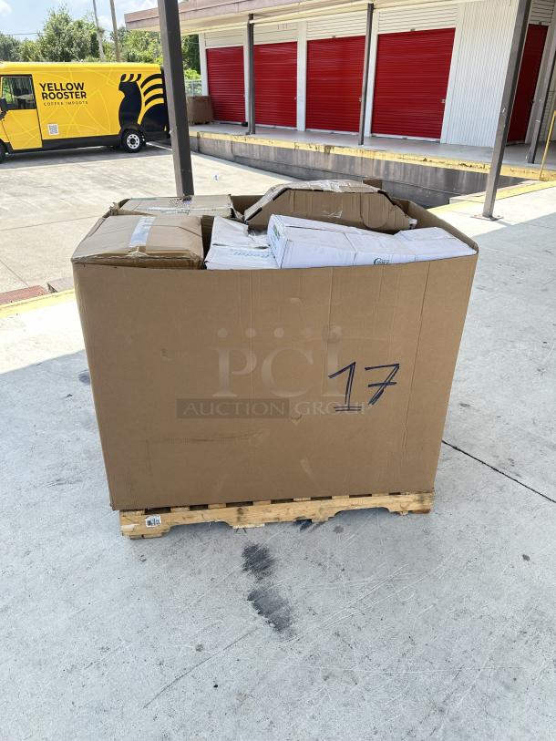 Mixed pallet of brand new disposable food service items in boxes on a wooden pallet, labeled "17".
