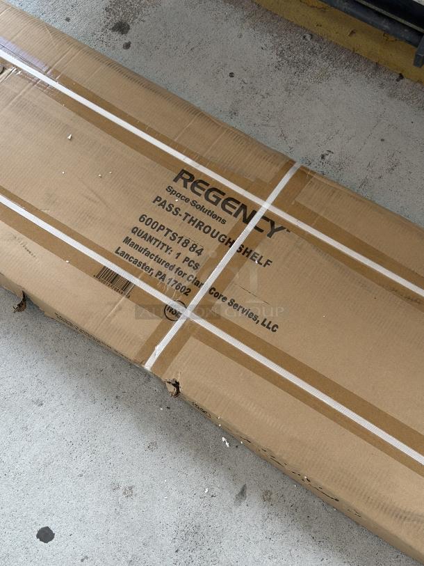 Regency pass-through shelf in box; Model 600PTS1884. 16-gauge, Type 304 stainless steel, 18"x84". Brand new, scratch and dent condition.